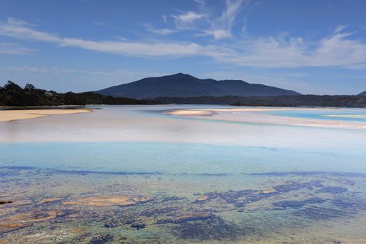 Wallaga Mouth near Bermagui with views back towards the famous Wallaga bridge and the magnificent Mt Gulaga 