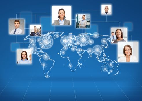 business, people, social network and head hunting concept - pictures of businesspeople over world map and blue background