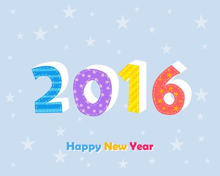 happy new year 2016 in colored ciphers and text with stars over blue background, holiday seasonal concept