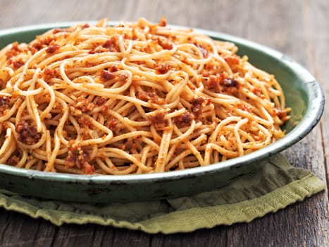 close up of rustic italian sicilian pesto spaghetti