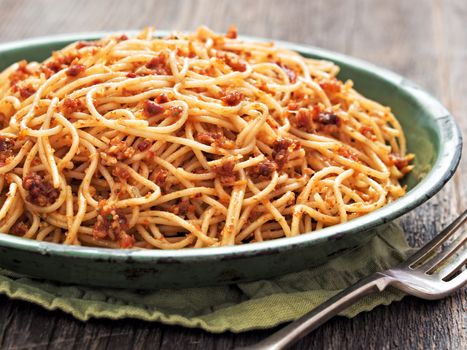 close up of rustic italian sicilian pesto spaghetti