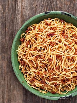 close up of rustic italian sicilian pesto spaghetti