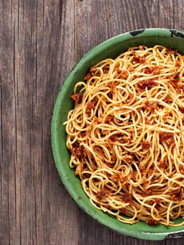 close up of rustic italian sicilian pesto spaghetti