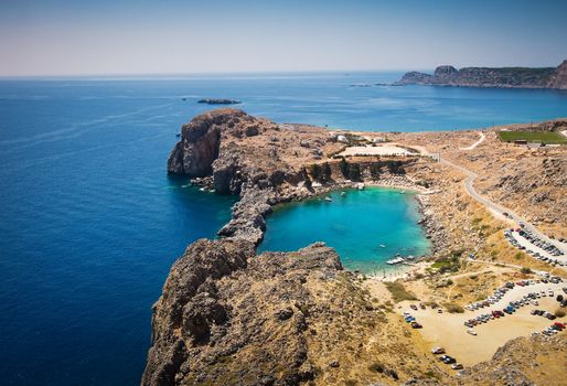 Looking down onto St Paul's Bay at Lindos on the Island of Rhodes Greece