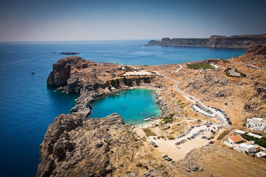 Looking down onto St Paul's Bay at Lindos on the Island of Rhodes Greece