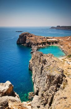 Looking down onto St Paul's Bay at Lindos on the Island of Rhodes Greece