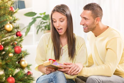 Young boy giving surprise Christmas present for his beautiful girlfriend.