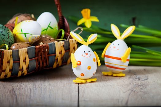 Easter decoration with eggs and cute lamb and bunny