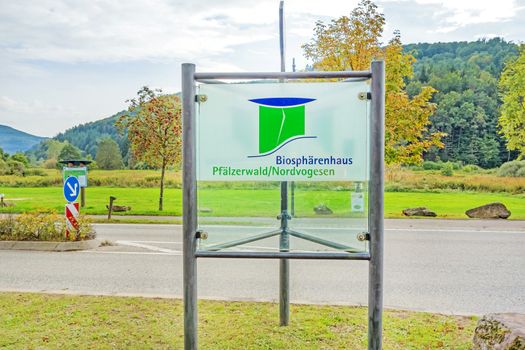 Fischbach bei Dahn, Germany - September 29, 2013: Biosphaerenhaus Pfaelzerwald / Nordvogesen (Biosphere house) sign. The entrance to the canopy pathway, a famous attraction.