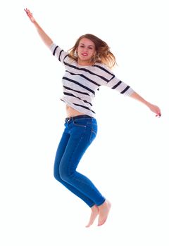 activity and happiness concept - smiling  girl in white blank t-shirt jumping