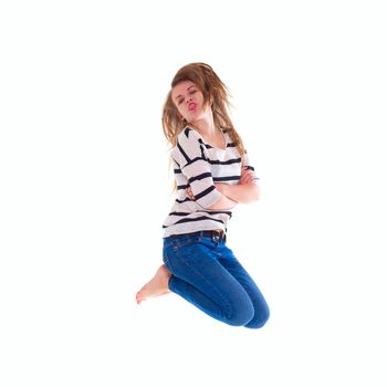 activity and happiness concept - smiling  girl in white blank t-shirt jumping