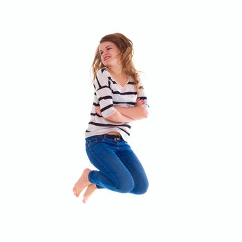 activity and happiness concept - smiling  girl in white blank t-shirt jumping