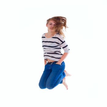 activity and happiness concept - smiling  girl in white blank t-shirt jumping