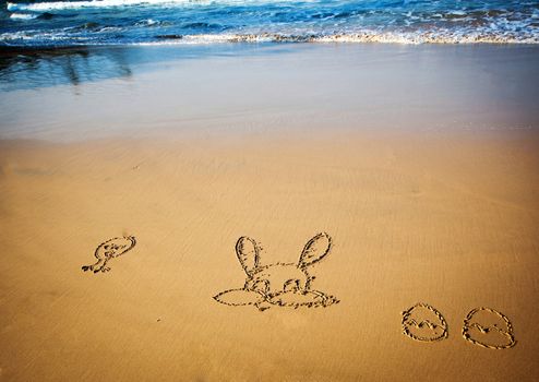 Easter bunny and eggs drawn in sand on tropical beach