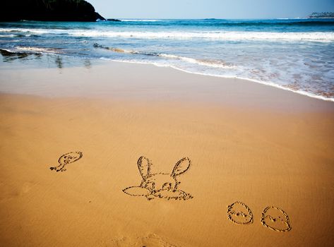 Easter bunny and eggs drawn in sand on tropical beach