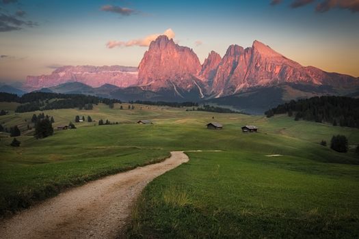 Seiser Alm with Langkofel Group after sunset, South Tyrol, Italy
