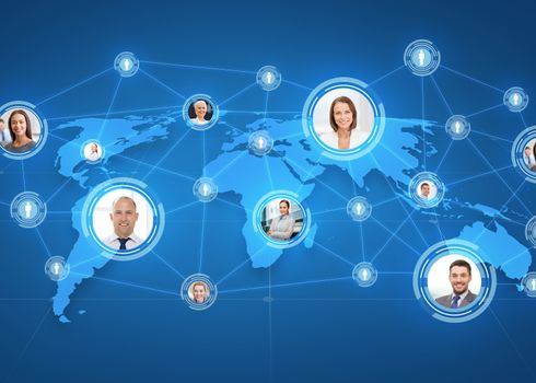 business, people, social network and head hunting concept - pictures of businesspeople over world map and blue background