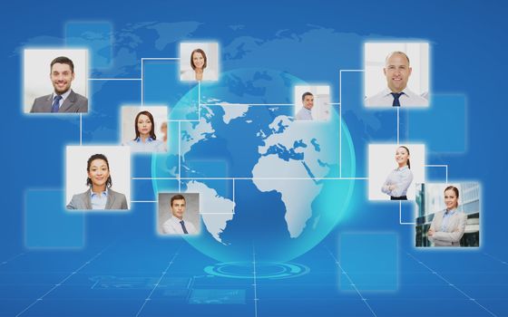 business, people, social network and head hunting concept - pictures of businesspeople over world map and blue background