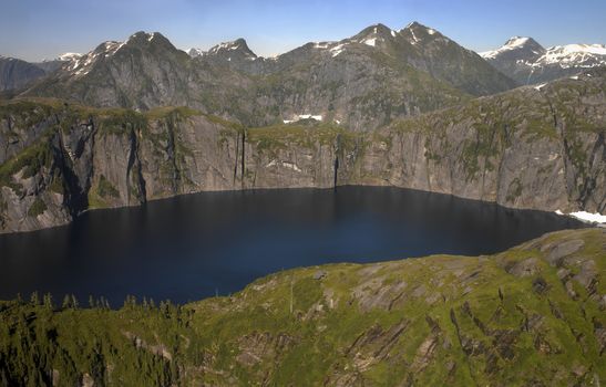 Aerial view of a mountain lake at Misty Fjords near Ketchikan in Alaska