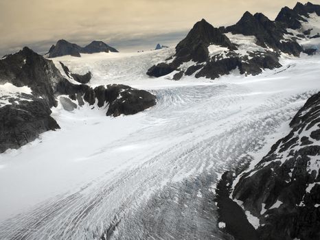 Aerial view of the Mendenhall Glacier in the Juneau Icefields near Juneau in Alaska. USA