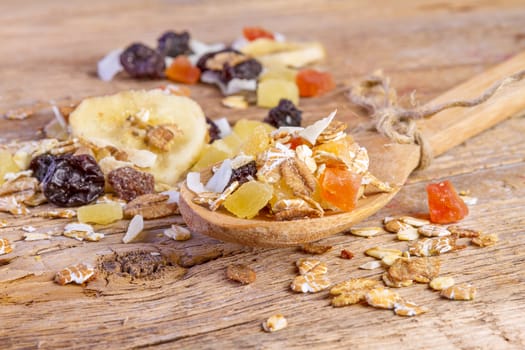 cereals muesli food in wooden spoon on wooden background
