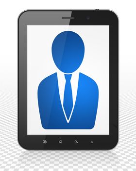 Law concept: Tablet Pc Computer with blue Business Man icon on display