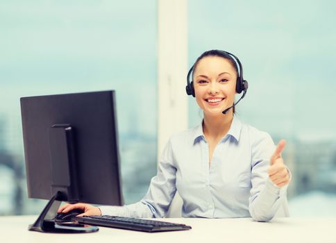 business, communication and call center concept - friendly female helpline operator with headphones showing thumbs up