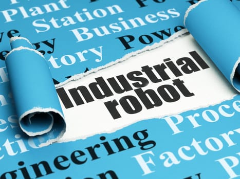 Industry concept: black text Industrial Robot under the curled piece of Blue torn paper with  Tag Cloud
