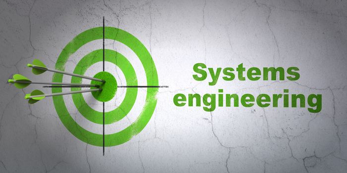 Success Science concept: arrows hitting the center of target, Green Systems Engineering on wall background