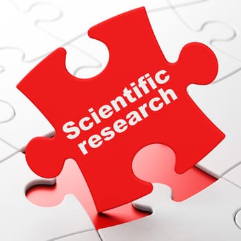 Science concept: Scientific Research on Red puzzle pieces background, 3d render