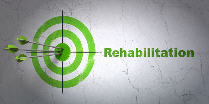 Success Health concept: arrows hitting the center of target, Green Rehabilitation on wall background