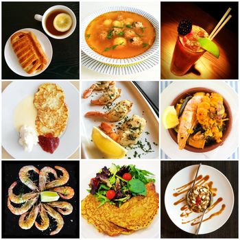 Cuisine of different countries. Food and drink, collage of nine photos.