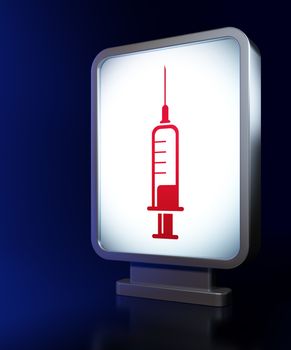 Health concept: Syringe on advertising billboard background, 3d render