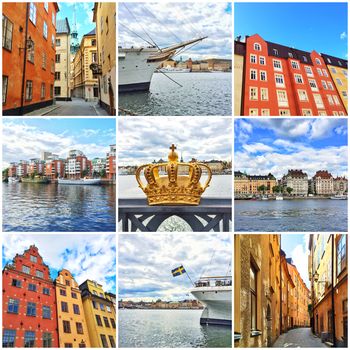 Stockholm, capital of Sweden. Collage of nine photos.