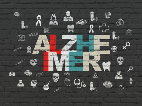 Healthcare concept: Painted multicolor text Alzheimer on Black Brick wall background with  Hand Drawn Medicine Icons