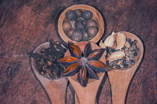 Anise seed, nutmeg, clove and cardamom on grunge wooden plank