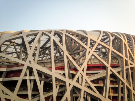 Closeup of the Birdnest Stadium in Beijing, China.