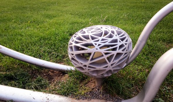 Closeup of a birdnest statium light around the walkways in Beijing, China