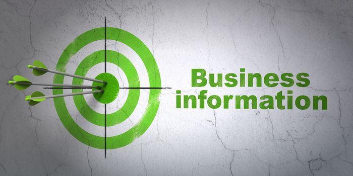 Success finance concept: arrows hitting the center of target, Green Business Information on wall background