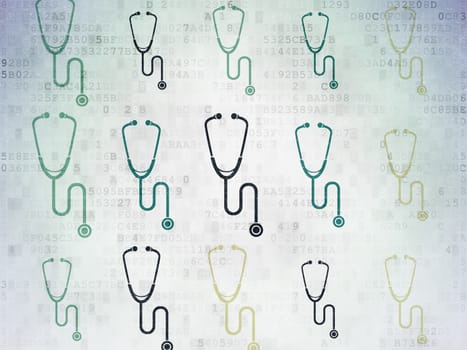 Health concept: Painted multicolor Stethoscope icons on Digital Paper background