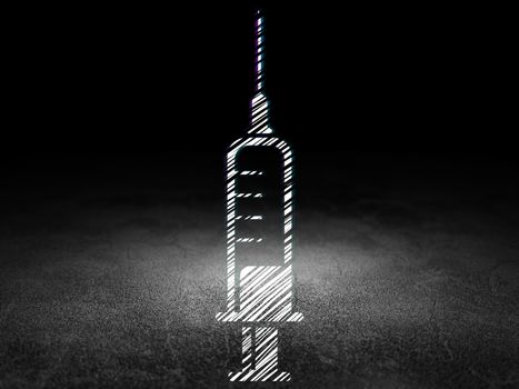 Health concept: Glowing Syringe icon in grunge dark room with Dirty Floor, black background