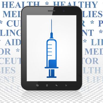 Medicine concept: Tablet Computer with  blue Syringe icon on display,  Tag Cloud background