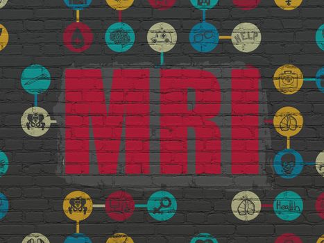 Medicine concept: Painted red text MRI on Black Brick wall background with Scheme Of Hand Drawn Medicine Icons