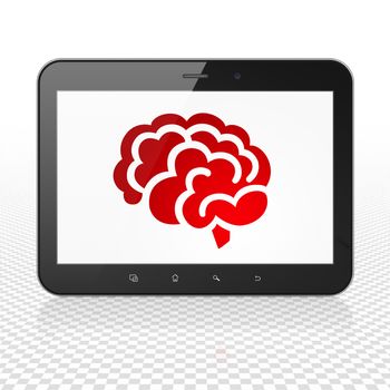 Health concept: Tablet Computer with  red Brain icon on display,  Tag Cloud background