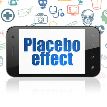 Healthcare concept: Smartphone with  blue text Placebo Effect on display,  Hand Drawn Medicine Icons background