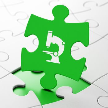 Science concept: Microscope on Green puzzle pieces background, 3d render
