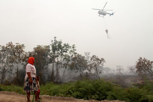  INDONESIA, Kubu Raya: An helicopter is helping to extinguish a fire at Kubu Raya district, in West Kalimantan province, on October 21, 2015. Indonesia launched its biggest operation ever to combat fires blanketing Southeast Asia in haze, an official said, with dozens of planes and thousands of troops battling the widespread blazes. 	