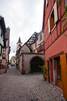 Alsace romantic vacation in old streets winery and caffe