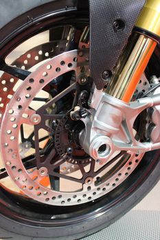 Close-up of the Disc Brakes on a Sport Bike