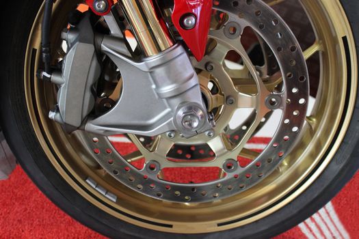 Close-up of the Disc Brakes on a Sport Bike